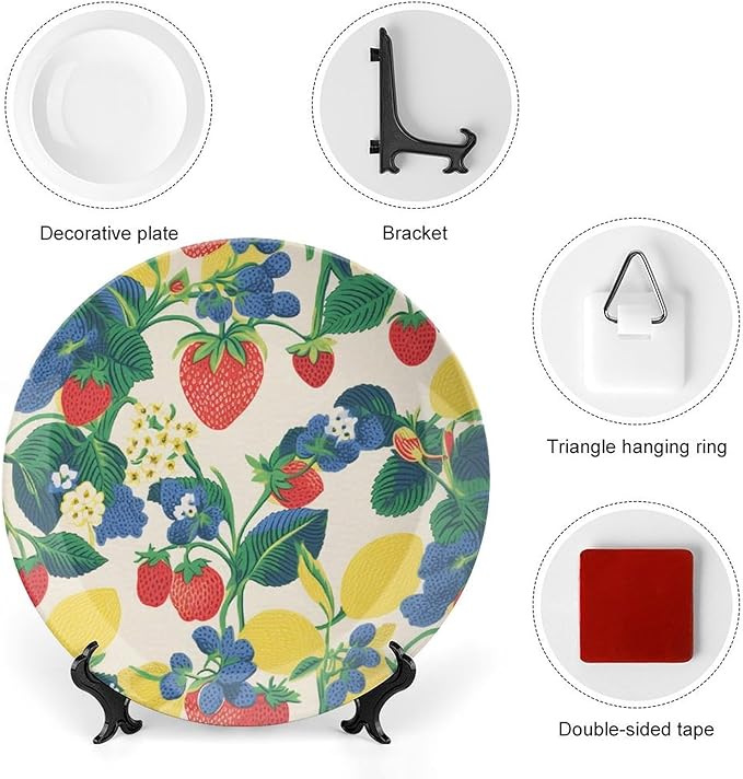 Summer Cherry Lemon Citrus Garden Vintage Plates, Personalized Design Collector Plates for Display Kitchen Art Decoration Decor, Unique Art with Stand Art Decorations for Home Table