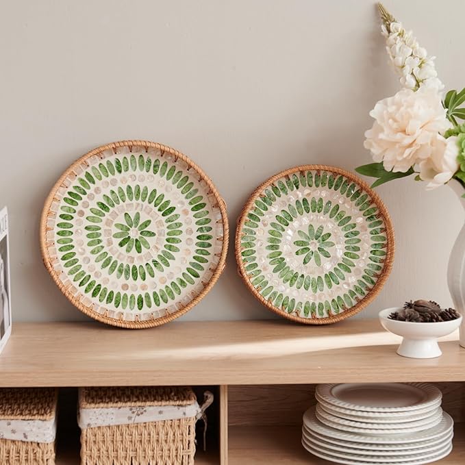 YANGQIHOME Round Serving Tray With Decorative Mother of Pearl Inlay, Rattan Wicker for Home Decor, Table Decor, Gifts, Dining, Woven for Food, Fruit, Coffee, 11.8 Inch