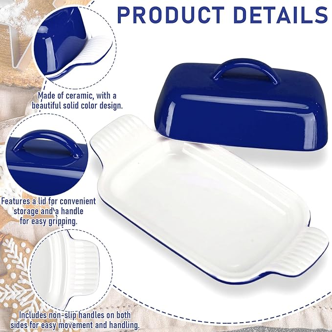 Qinyoung Ceramic Butter Dish with Lid for Countertop Extra Large Elegant Butter Dish Tray with Handle Durable Heavyweight Glazed Ceramic Kitchen Container Keeper Non-slip Base Minimalist(Blue)