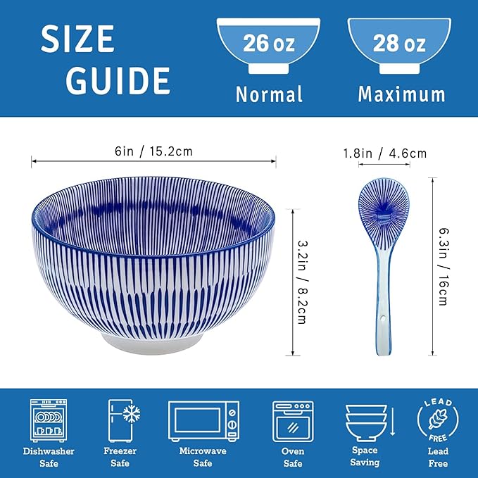 Japanese Ceramic Bowls Set of 6, 28 Oz Large Asian Porcelain Ramen Soup Salad Cereal Noodle Bowl with 6 Spoons, Deep Bowl for Kitchen Decor and Housewarming Gift, Dishwasher & Microwave Safe