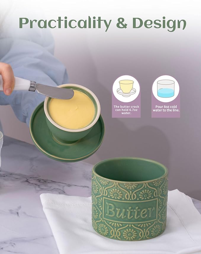 TEATALK Ceramic French Butter Crock - Vintage Relief Pattern Butter Keeper with Water Seal, 6.7oz Green Butter Dish for Fresh Spreadable Butter, Farmhouse Kitchen Decor & Gift