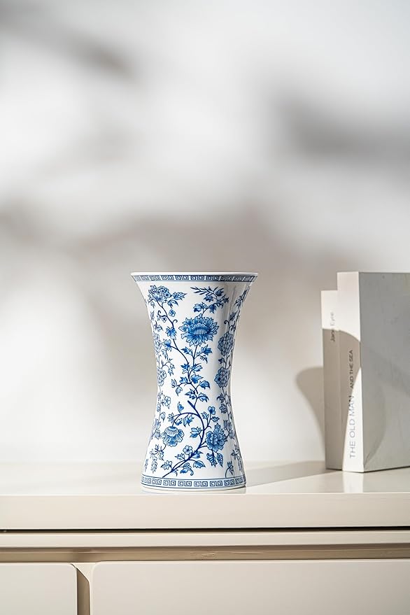 Modern Blue and White Porcelain Vase - Chinoiserie Ginger Jar for Home Decor, Floral Arrangement, 11-Inch Height Handcrafted Ceramic Vase