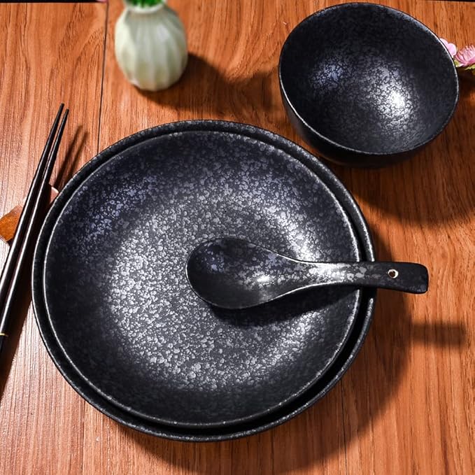 4-Piece Ceramic Dinnerware Set, Plate, Dish, Bowl, Spoon, Japanese Hand-painted Tableware set, A Good Tableware (Black)