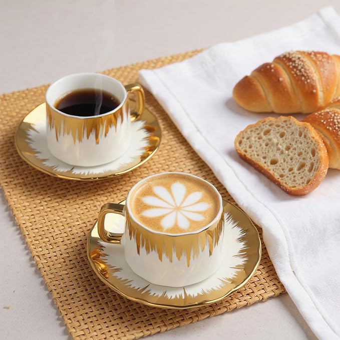 Coffee Cup Set of 6 with Saucers, 3.5 OZ Ceramic Espresso Cups Set, Gold Trim Turkish Coffee Cup Gift for Cappuccino, Latte, Cafe Mocha and Tea, Dishwasher & Microwave Safe(Gold Twill)