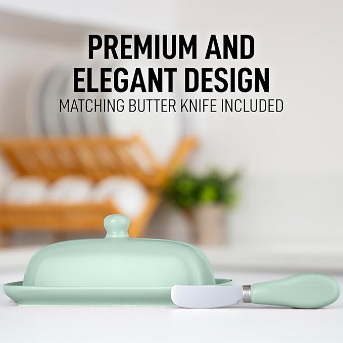 Zulay Butter Dish With Lid For Countertop - Porcelain Mint, Ceramic Butter Dish with Knob Handle Great for Cooking - Elegant Design Butter Holder - Durable & Sturdy Butter Keeper - Mint