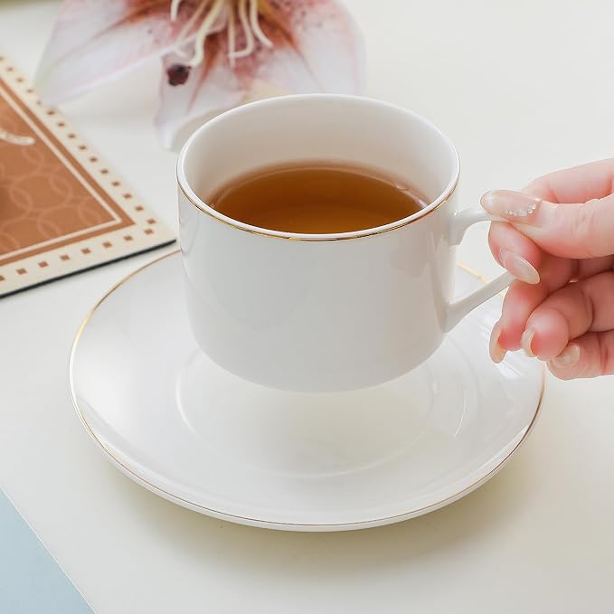 Classic White Porcelain 6.6oz Tea Cup and Saucer Set - 8 pieces cups and Saucers Set with gold trim, Elegant and Versatile for Daily Use, Gift