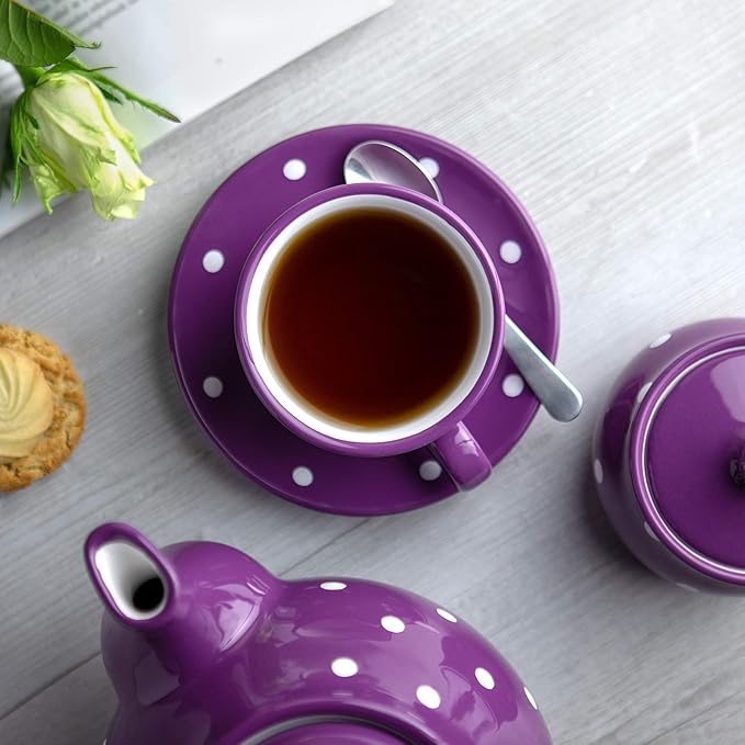 City to Cottage Handmade Purple and White Polka Dot Ceramic 8.4oz/250ml | Cappuccino, Coffee, Tea Cup and Saucer, Unique Designer Pottery for Tea Lovers
