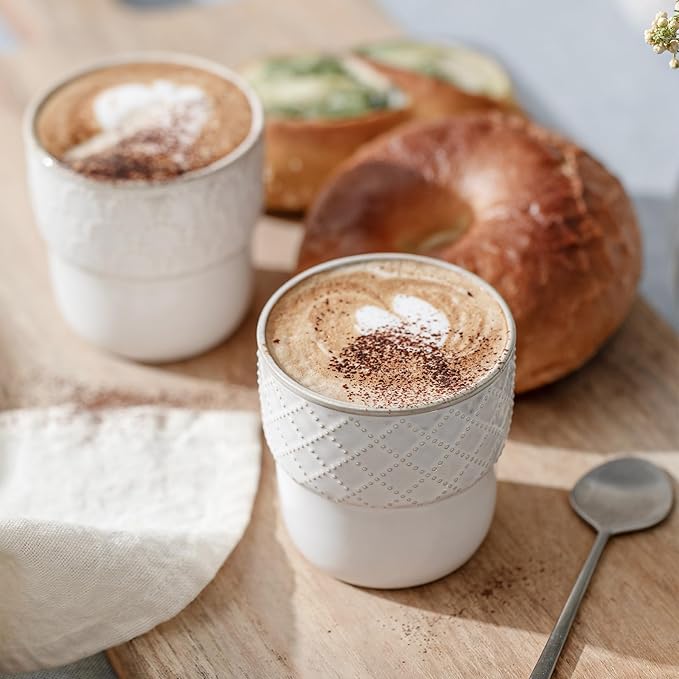 Espresso Cups Set of 2, 4oz Espresso Shot Cups, Mini Coffee Mugs Farmhouse Decor, Demitasse Cup Perfect for Coffee Maker, Microwave and Dishwasher Safe, (Embossed Stripes+Checks