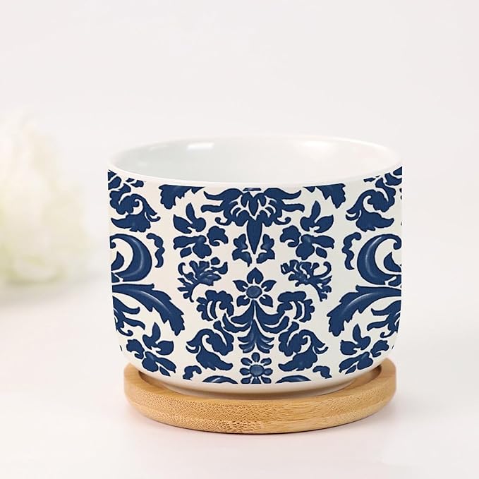 Blue Regalia Lion Ceramics Plant Pot Set of 1 Indigo Blue Flower Lion Asian Succulents Plants Live with Pot with Drainage Bamboo Trays Oriental Toile Chinoiserie Small Ceramics Planter