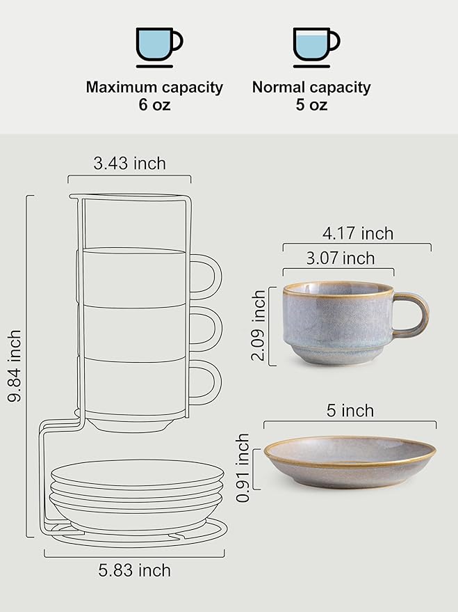 Gomakren 6 Ounce Cappuccino Cups with Saucers and Metal Stand, Stackable Coffee Cup Set of 4, Valentine Porcelain Espresso Cups for Coffee Drinks, Cappuccino, Latte, Americano, Tea, Gray
