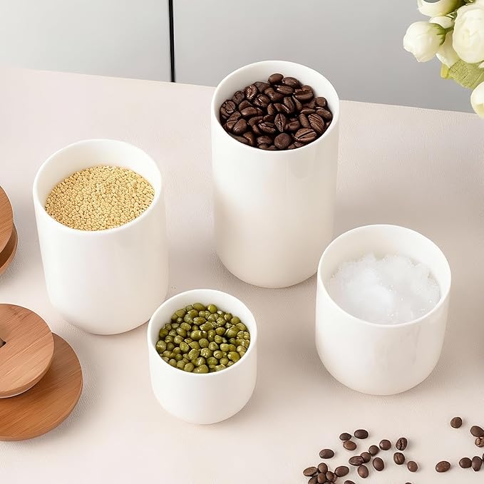 White Ceramic Canister Set with Bamboo Lids, 4-Piece Airtight Food Storage Jars for Kitchen – Flour, Sugar, Coffee, Tea, Spice – Smaller, Small, Medium, Large Sizes