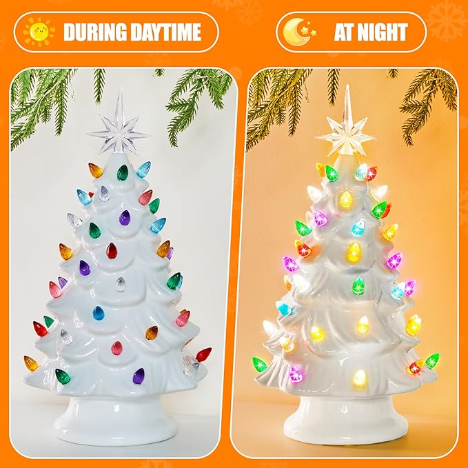 13 Inch Ceramic Christmas Tree, Tabletop Christmas Tree with Multicolored LED Lights and Star, Battery Operated Vintage Lighted Ceramic Tree for Home Office Table Holiday Decorations, White