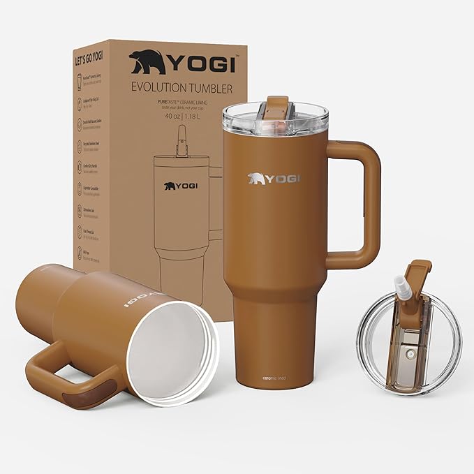 YOGI Ceramic Lined Metal Allergy Safe 30oz Tumbler with Handle and Straw Leakproof Flip & Sip Lid Vacuum Insulated Stainless Steel Travel Cup for Iced Coffee Water and All-Day Hydration 30oz Amber