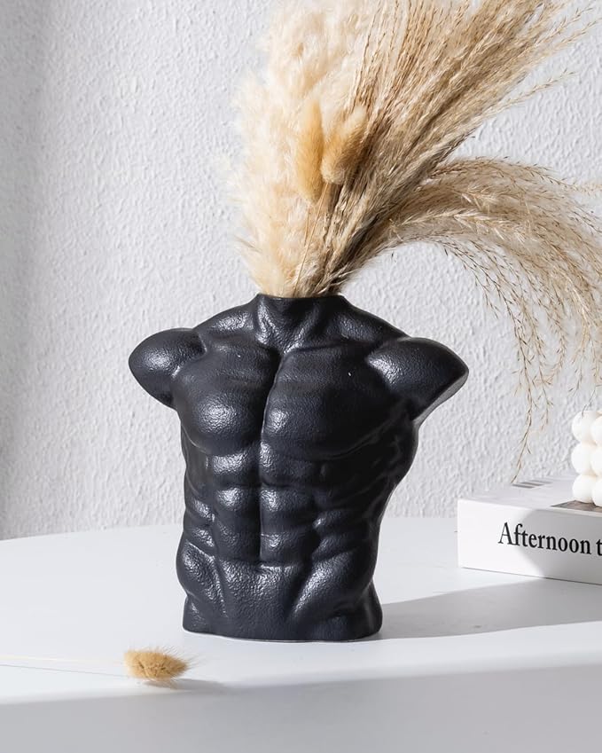 Body Art Vase, Classical Sculpture Statue for Bookshelf Shelf Decoration, Nordic Modern Ceramic Flower Vase for Home Decor, Table Centerpiece, Living Room, Office, Entryway, Console（Black）