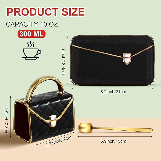 Zubebe 1 Set Coffee Mug Elegant Handbag Shaped Cup Mother's Day Modern Ceramic Purse Mug with Spoon and Saucer, 10oz Cute Creative Tea Cup for Woman Girls Gift (Black)