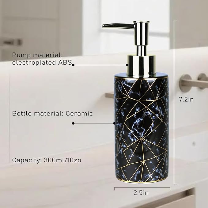 Ceramic Soap Dispenser for Bathroom & Kitchen, Marble Pattern & Gold Thread Decoration - Refillable Liquid Soap Bottle for Hotel (10oz, Black)