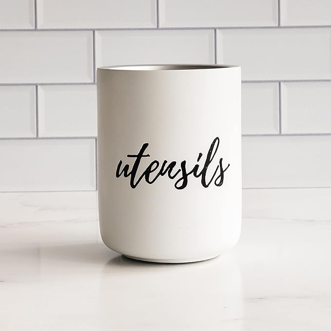 STYLED SETTINGS White Utensil Holder for Countertop - Rustic Farmhouse Organizer for Extra Large Utensils - Heavy and Durable Utensil Holder for Modern Farmhouse Decor and Kitchen Accessories