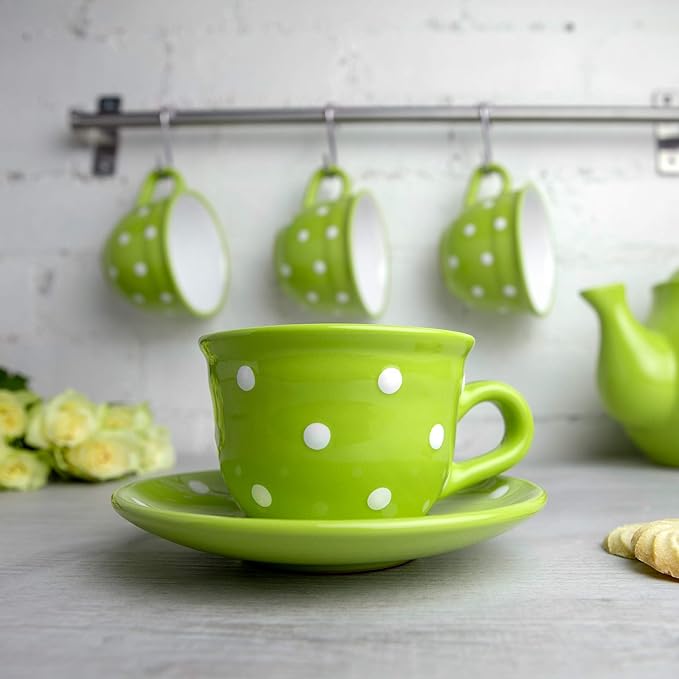 City to Cottage Handmade Lime Green and White Polka Dot Ceramic 8.4oz/250ml | Cappuccino, Coffee, Tea Cup and Saucer, Unique Designer Pottery Gift for Tea Lovers