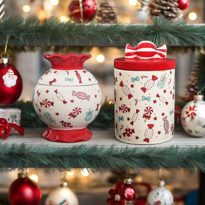 Christmas Cookie Jar with Lid, 2 Pcs Ceramic Candy Jar Canister, Ceramic Storage Jar Container, Decorative Xmas Cookie Container for Holiday Kitchen Counter Displays, Treats, and Gifts (L and M)