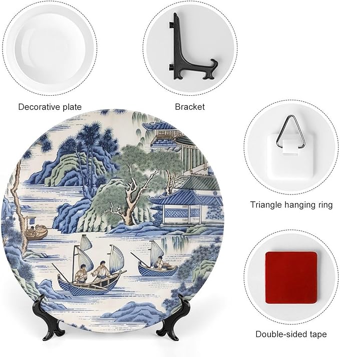Asian Scenic in Blue And Kelly Green Chinoiserie Ceramic Decorative Plate for Display Housewarming Gifts Club Supplies Festival Wall Holiday Party Decorations Custom Gifts for Men Women Holiday