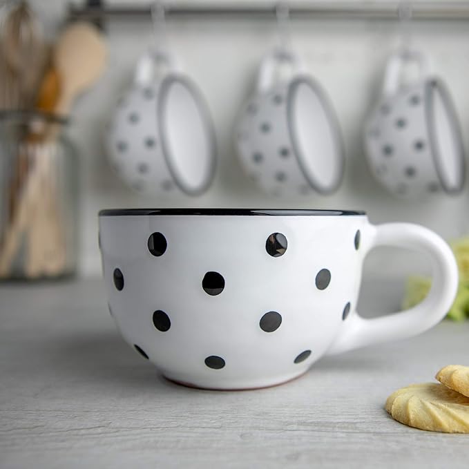 City to Cottage Handmade Ceramic Designer White And Black Polka Dot Cup, Unique Extra Large 17.5oz/500ml Pottery Cappuccino, Coffee, Tea, Soup Mug | Housewarming Gift for Tea Lovers