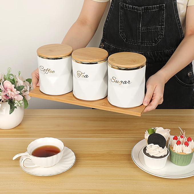 JUXYES Set of 3 Ceramic Canisters Set for Sugar Coffee Tea, Luxurious Storage Containers Set with Lids Decorative Storage Pots White Ceramic Storage Jar for Kitchen Counter Dining Room