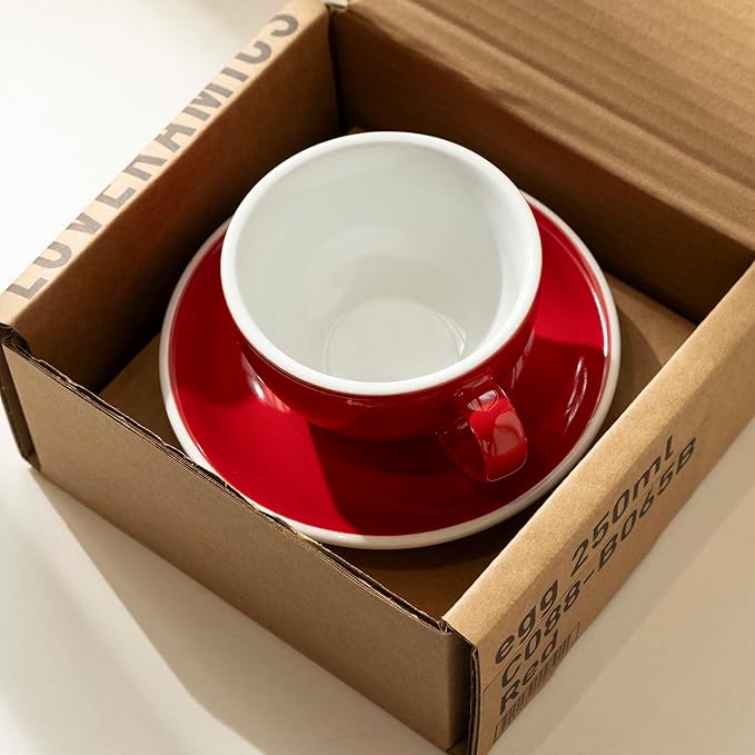 Loveramics Cappuccino Cup with Saucer, 8 oz Ceramic Coffee cup with Round Bottom for Cappuccino, Latte, Tea, Espresso, Thick-walled Stoneware Cup Set for Barista - Regular Colours (Red, 8OZ)