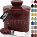 PriorityChef Butter Crock with Lid with Water Line,Ceramic French Butter Dish to Leave On Counter, Maroon
