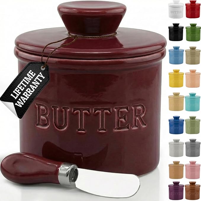 PriorityChef Butter Crock with Lid with Water Line,Ceramic French Butter Dish to Leave On Counter, Maroon