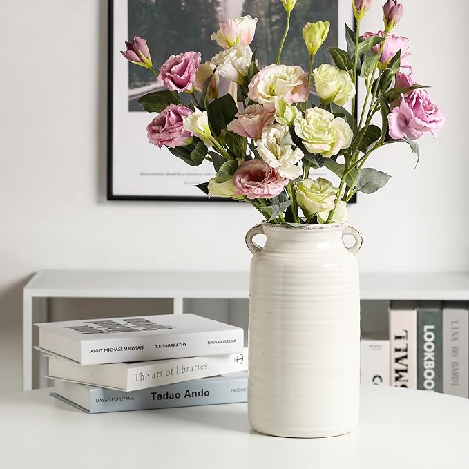 Ceramic Rustic Distressed White Flower Vase for Centerpieces, Kitchen, Office or Living Room (5.9''x10.2”)