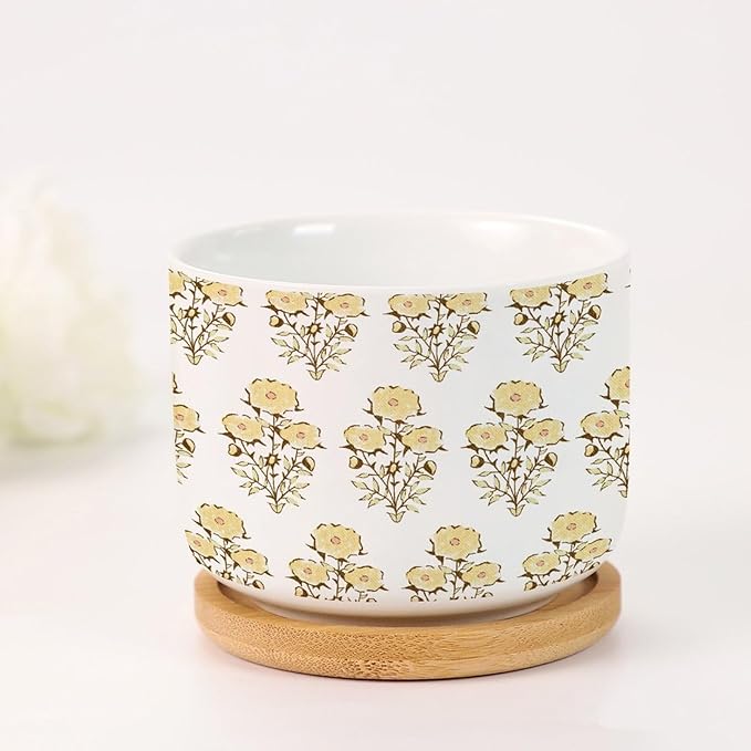 5 Piece Ceramics Pots for Plants Yellow Flower Small Succulents Plant Pot Watercolor Chinoiserie Floral Planter for Succulents Chinoiserie Plant Pot with Drainage and Bamboo Tray