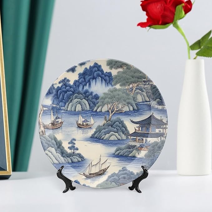 Asian Scenic in Blue And Kelly Green Chinoiserie Vintage Plates for Display Festival Household Supplies Home Display Holiday Party Decorations Customize Gifts for Men Women Halloween, 6", 7", 9", 10"