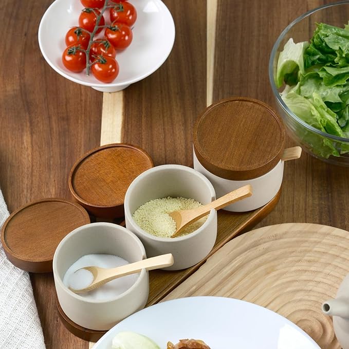 3-Pack Ceramic Spice Jars with Spoons & Acacia Wood Lid - Sugar Container, Salt and Seasoning Containers on Wooden Tray for Kitchen, Dining Table, Coffee Bar