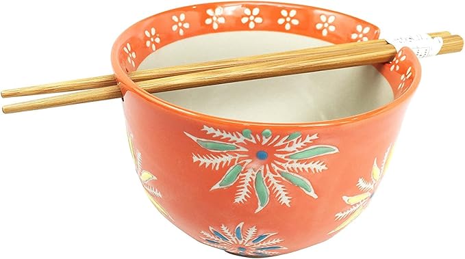 Ebros Japanese Design Ceramic Ramen Udong Noodles Bowl and Chopsticks Set For Asian Dining Soup Rice Gourmet Meal As Taste of Asia Collection Of Bowls Decor Kitchen Decorative (Orange Flower Blossoms)