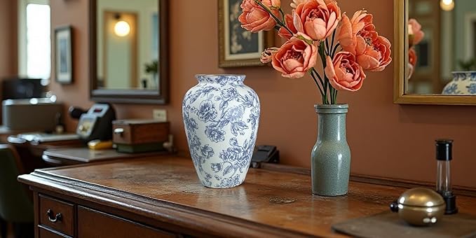 Blue and White Chinoiserie vase - Vintage Ceramic vase with Antique Design, Perfect for Chinoiserie Home Decor 9in Flower vase04