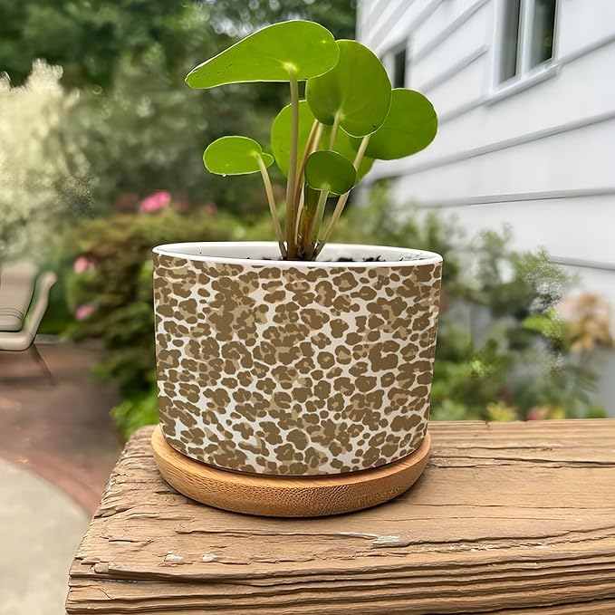 Leopard Brown and White Planter Ceramic African Tribal Animal Print Round Plant Pot with Drainage Holes and Bamboo Tray Pot for Succulents Cactus Garden Windowsill