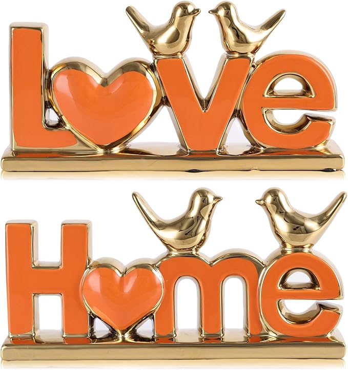 Ceramic LOVE & HOME Sign Decor with Bird Statues Set 2,10" Modern Orange Gold Tabletop Sculptures for TV Stand,Floating Shelf & Entryway,Romantic Wedding & Warm Housewarming Gift Set (Orange)