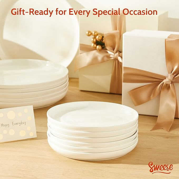 Sweese Porcelain Dessert Plates, 7.4 Inch Lightweight Round Salad Plates Set of 6, Small Appetizer, Small Kitchen Dish, Microwave & Dishwasher Safe, Scratch Resistant Plates set, White