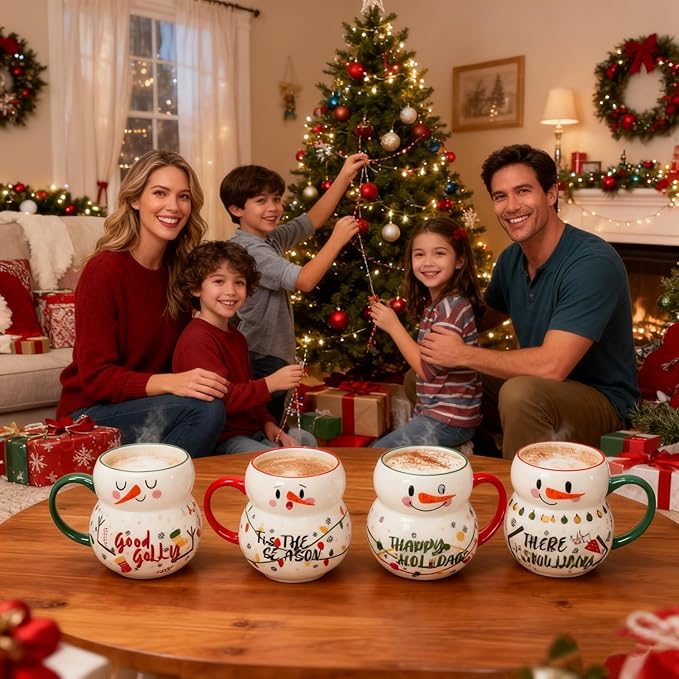 4 Pack Christmas Mugs Set, 15oz Ceramic Snowman Coffee Cup, Stackable Holiday Xmas Tea Mug for Hot Cocoa Cold Water Milk, Housewarming Gift Home Decor, Dishwasher Microwave Safe(4 Styles)