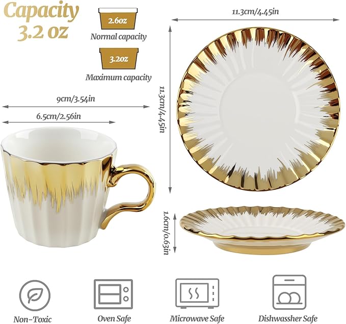 3.2oz Ceramic British Coffee Cup Set of 6, Italian Turkish Cappuccino Cups Porcelain Espresso Cups and Saucers with Gold Trim for Double Espresso Cappuccino Latte Mocha Tea