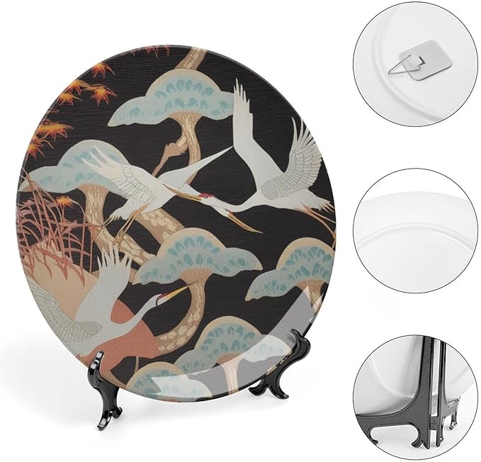 Japanese Crane Asian Oriental Birds China Plates, Custom Heron Floral Autumn Leaves Branch Ceramic Salad Plates, Housewarming Gifts Art Decoration Decorations Club, Unique Art with Stand