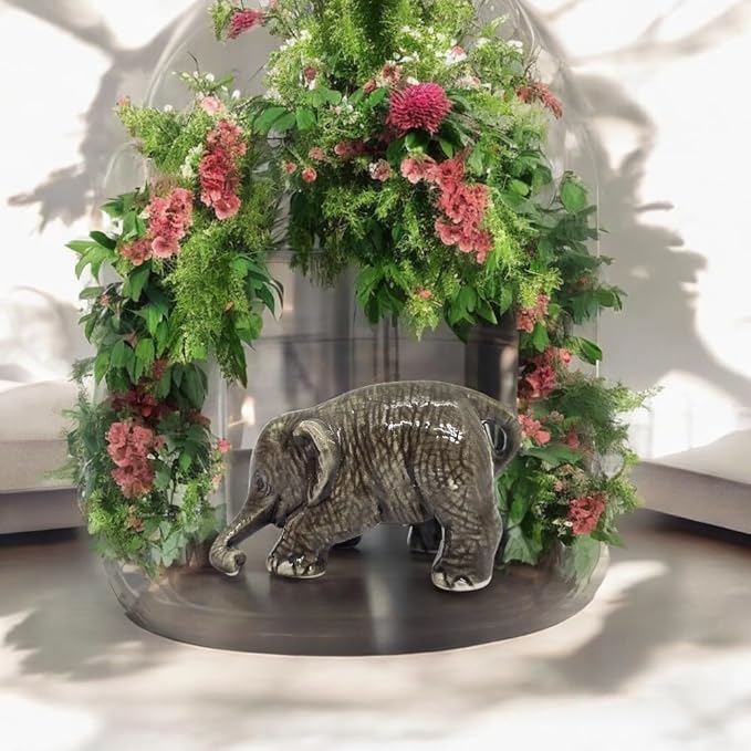 ChangThai Design Tiny 2" Gray Baby Elephant Bending Down Figurine - Miniature Hand Made Painted Ceramic Asian Elephants Cute Wildlife Animals Porcelain Decorative Collectible Figures Décor Gifts