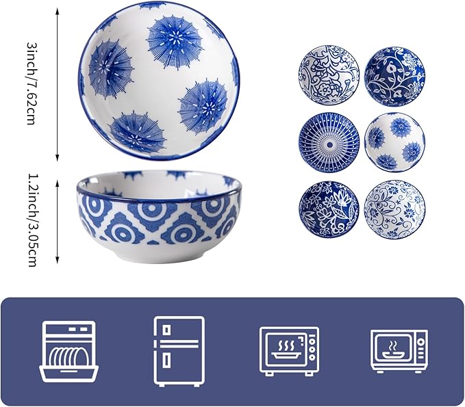 Ceramic Dipping Bowls Set - Mini 3 Inch Soy Sauce Dishes - 2.7 Oz Small Round Pinch Bowls for Snacks, Appetizers, Side Dish BBQ, Charcuterie & Kitchen Prep - Set of 6 - Vintage Blue