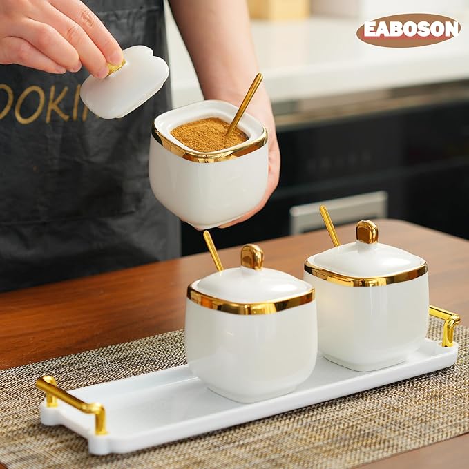 3 Pack Gold Condiment Spice Jars with Lids, Spoons, Tray - Ceramic Seasoning Box Set for Salt, Pepper, Sugar - Kitchen Storage