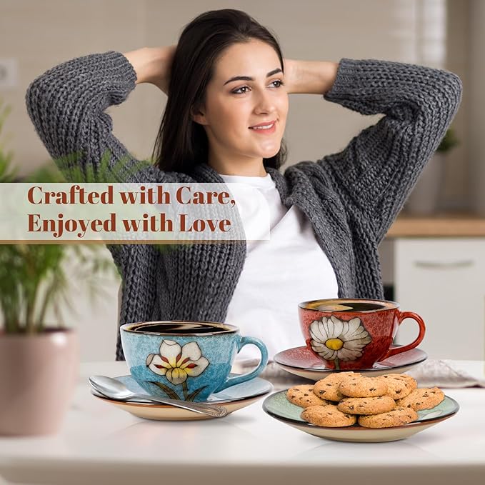 Cappuccino Cups Set of 4, 8 Oz Ceramic Coffee Cups with Saucers for Espresso, Tea, Latte – Hand-Painted Porcelain Underglaze Design