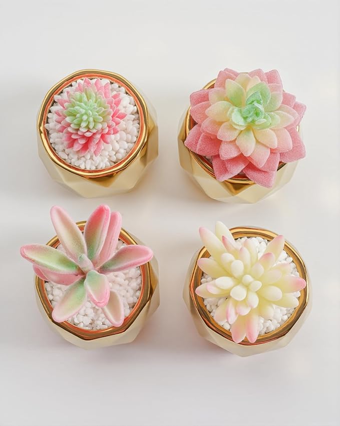 VIVERIE Mini Succulents Plants Artificial in Pots-Pink with Golden Ceramic, Christmas Small Fake Succulents Plants for Home Decor Indoor Christmas Decor for Women, Set of 4, Gifts for Mom