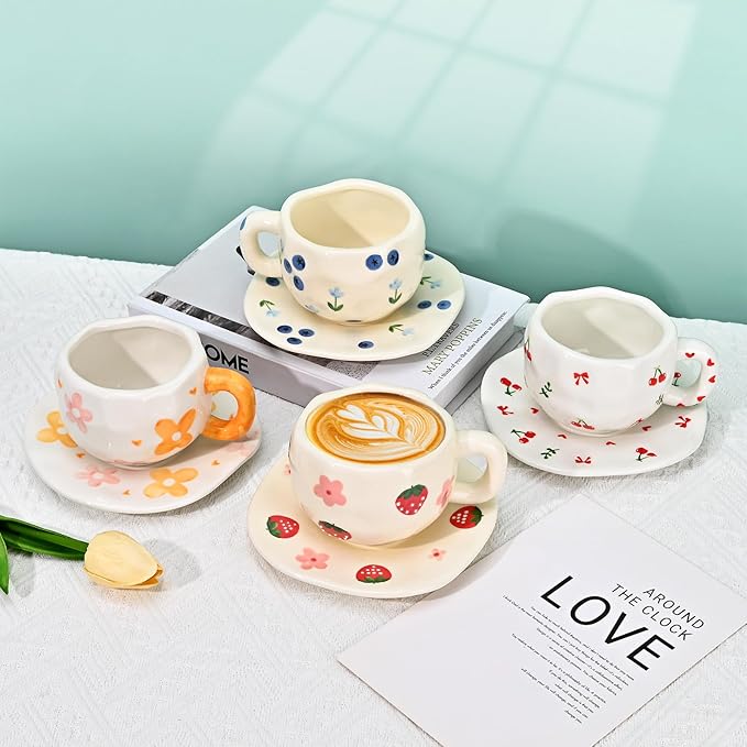 Koythin Ceramic Coffee Mug with Saucer Set, Cute Creative Cherry Bow Cup Unique Irregular Design for Office and Home, 10 oz/300 ml for Latte Tea Milk