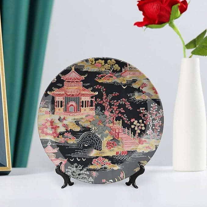 China Plates Chinoiserie Charcoal Coral Pagoda Asian Customize Decor for Household Farmhouse Housewarming Gifts Club Dinner Plates with Vertical Stand, Multi Sizes by Choosing, Gifts for Men Women