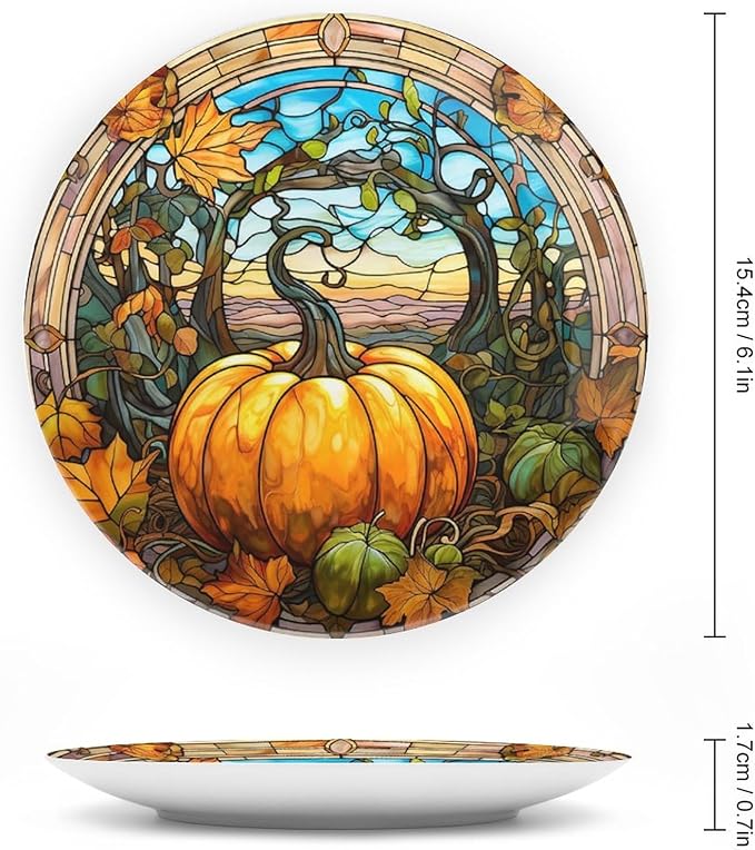 Decorative Plates, Fall Maple & Pumpkin Stained Glass Design Ceramic Dinner Plate Home Wobble-Plate with Display Stand, Wall Hanging Decor for Kitchen Household 6 Inch, Gifts for Thanksgiving