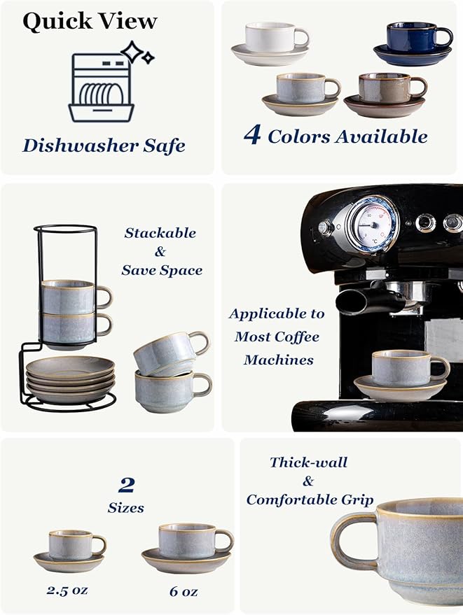 Gomakren 6 Ounce Cappuccino Cups with Saucers and Metal Stand, Stackable Coffee Cup Set of 4, Valentine Porcelain Espresso Cups for Coffee Drinks, Cappuccino, Latte, Americano, Tea, Gray